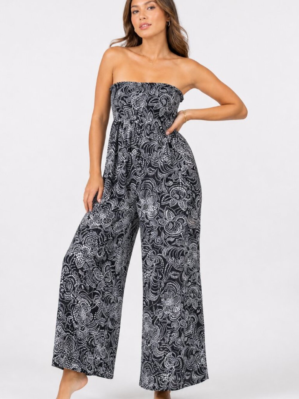 Xhilaration Strapless Jumpsuit Womens Small Black White Floral Wide Leg